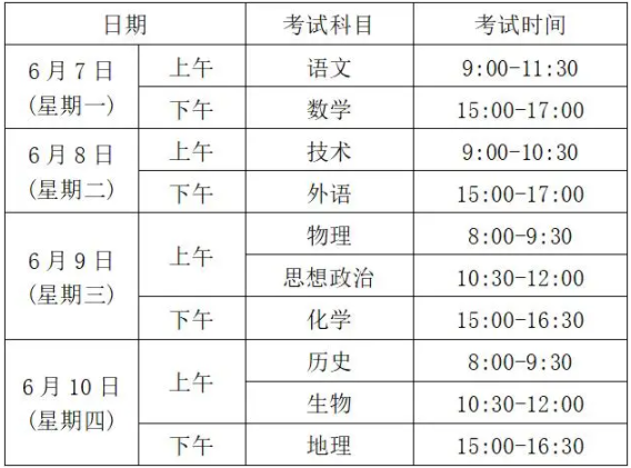 考試時(shí)間安排