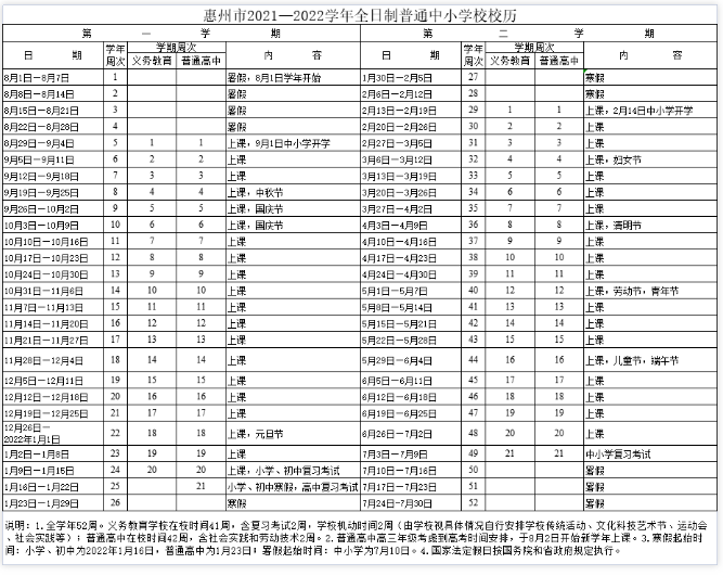 2021-2022惠州中小學(xué)校歷公布 寒假放假時間