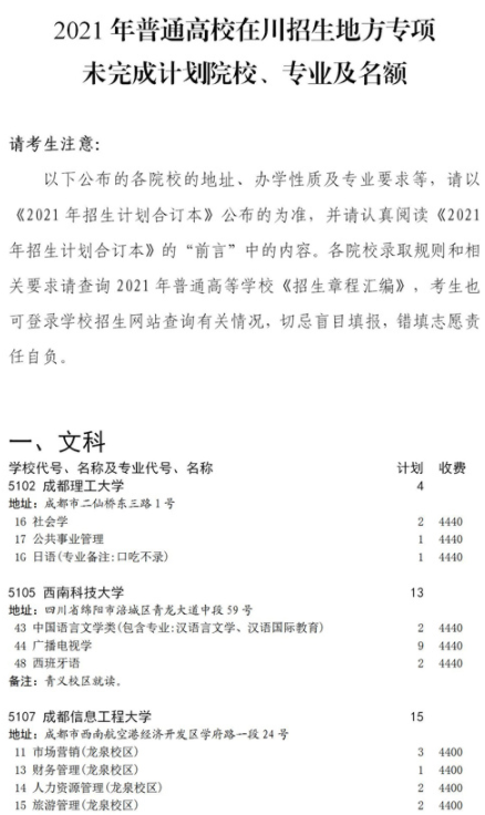 2021四川地方專(zhuān)項(xiàng)計(jì)劃征集志愿計(jì)劃